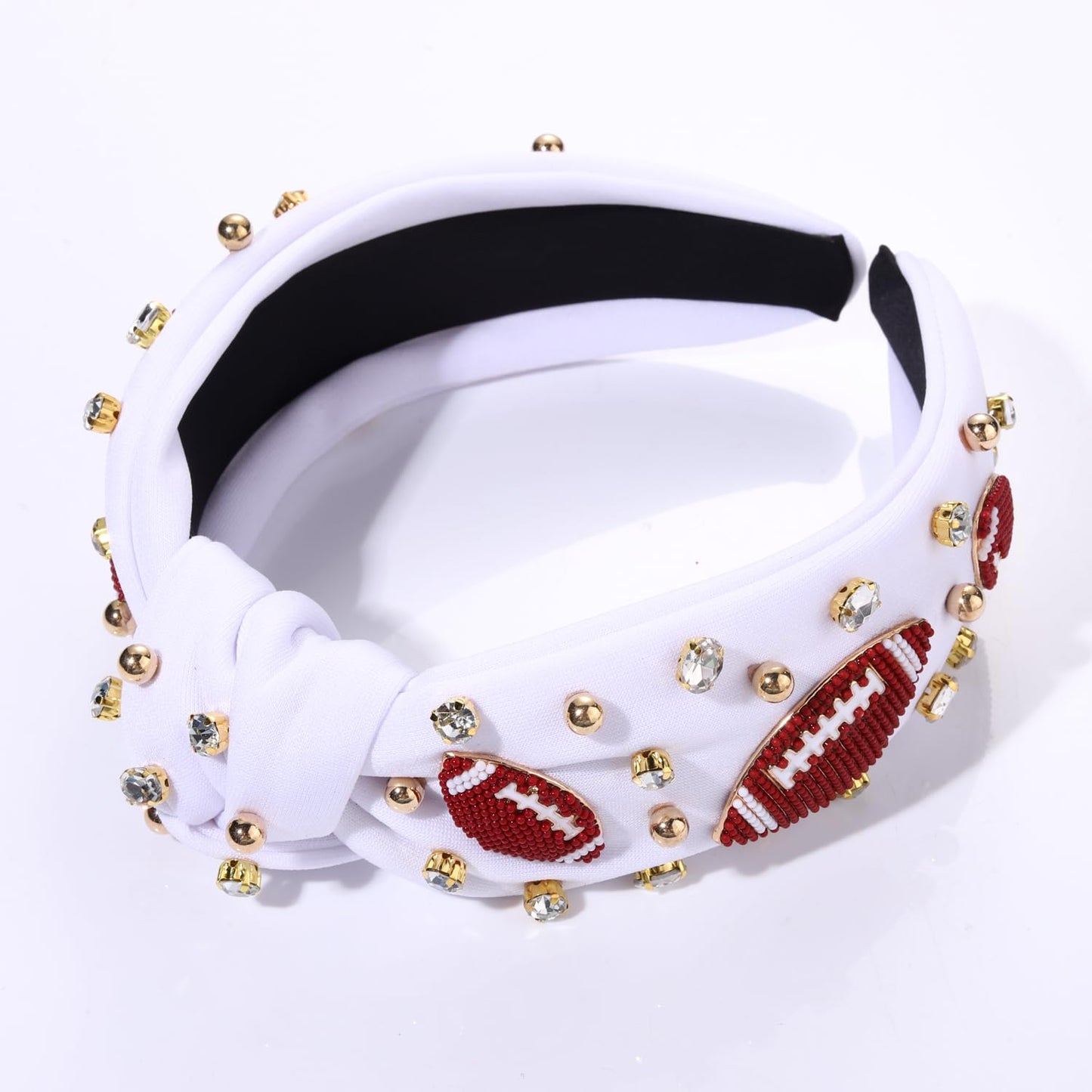 CEALXHENY Football Headband for Women Football Accessories Beaded Football Rhinestone Crystal Knotted Headband Jeweled Embellished Game Day Top Knot Headband Football Mom Hair Accessories (B-White)