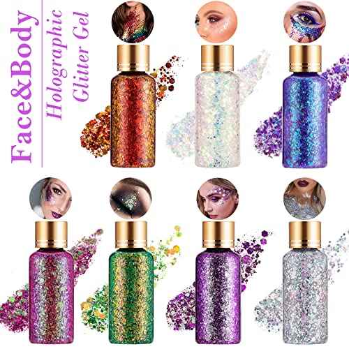 Green Gold Face Body Hair Glitter Gel for St. Patrick's Day Mardi Gras Festival Rave Accessories, Long Lasting Holographic Chunky Mermaid Sequins Glitter Gel Makeup for Women Men Kids, 1oz