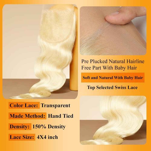 QTHAIR 16A Russian Blonde #613 Transparent Lace Frontal Closure 16inch 100% Human Hair for All Women 613 Blonde Brazilian Virgin Human Hair Body Wave Frontal Swiss Lace Closure