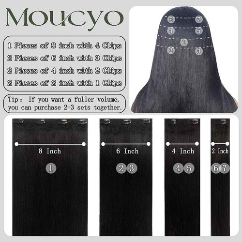 Moucyo Clip in Hair Extensions Real Human Hair 100% Brazilian Remy Human Hair Seamless Invisible clip on hair extensions for women Double Weft 7pcs 14 Inch 75g #1B Natural Black