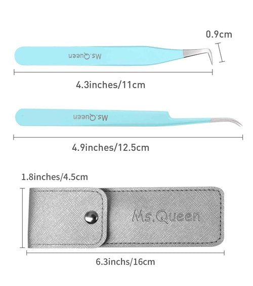 Ms.Queen Eyelash Extension Tweezers Set - Fiber Tip Isolation & 90 Degree Mega Volume Tweezers, Blue