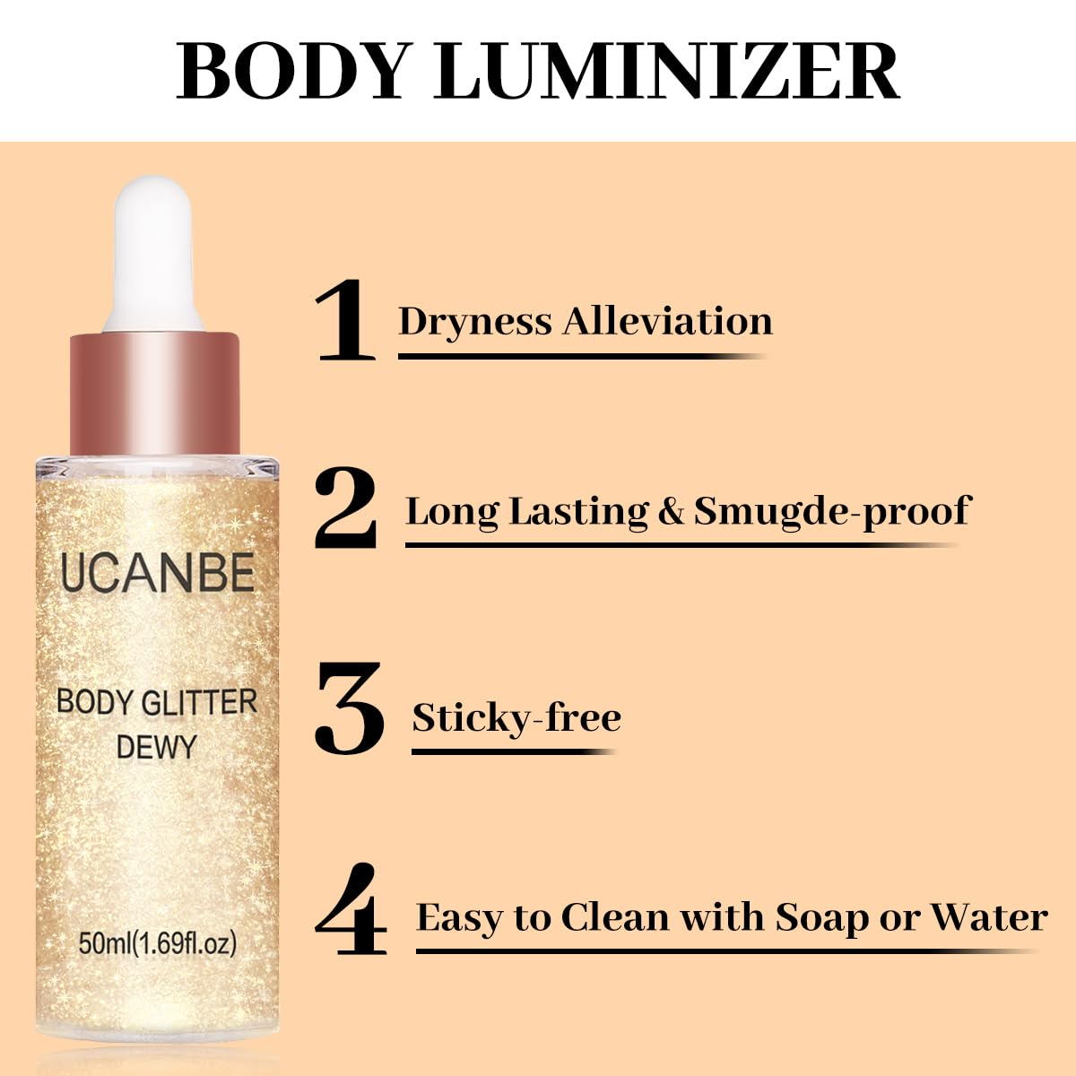 UCANBE Hydrating Body Shimmer Face Glitter Highlighter Makeup Liquid Glow Lotion for Women Holographic Luminizer for Hair for Valentine's Day Gifts (Champagne Gold #01)