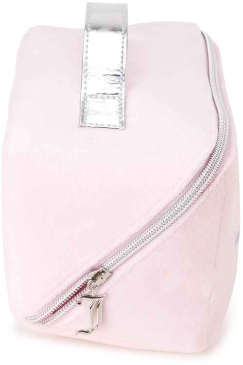 Juicy Couture Pink Makeup Bag Cosmetics Organizer Travel Essentials Cross Zip Velour Rhinestone Silver Handle