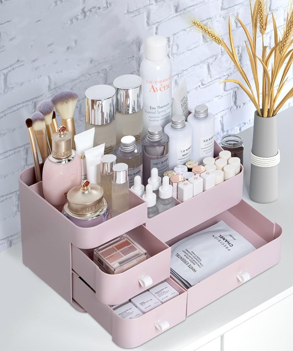 MIUOPUR Makeup Organizer for Vanity, Large Capacity Desk Organizer with Drawers for Cosmetics, Lipsticks, Jewelry, Nail Care, Skincare, Ideal for Bedroom and Bathroom Countertops - Large Pink