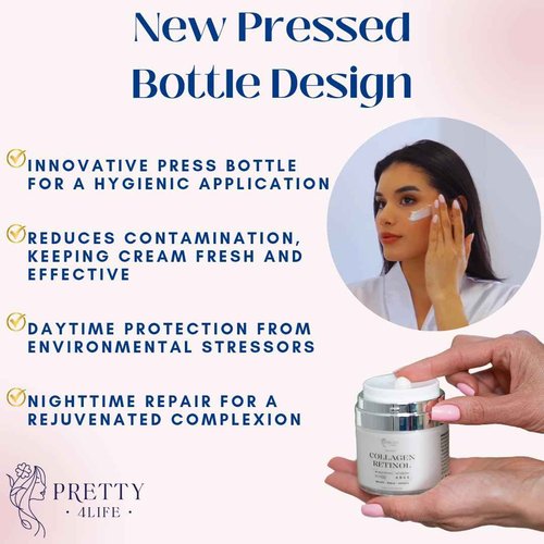 Pretty 4 Life Advanced Anti-Aging Cream - Collagen, Retinol, Hyaluronic Acid & Vitamin C - Moisturizer for Face, Neck & Décolleté - Firms, Hydrates & Reduces Wrinkles - Day/Night Formula - 1.7 oz
