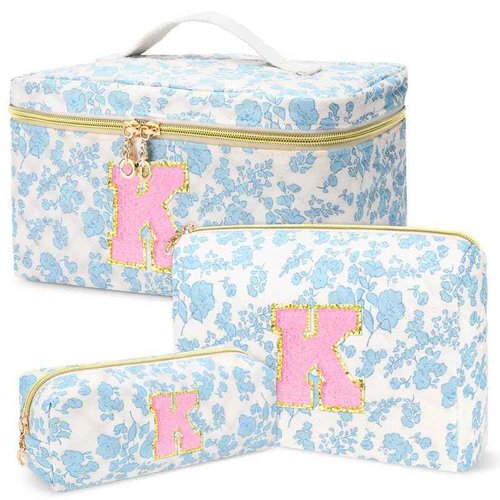 DOSUKE 3 PCS Travel Makeup Bag Set,A-Z Initials Cotton Make up Bag Floral Quilted Cosmetic Bag for Girls and Women,Personalized Christmas Gifts,Cute Toiletry Travel Accessories Brushes Bags-K