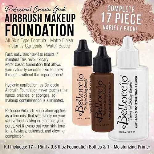 Belloccio Master Set Of All 17 Foundation Shades of Belloccio's Professional Cosmetic Airbrush Makeup, 1/2 oz. Bottles plus a 2 oz. Moisturizing Primer