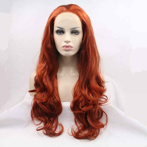 Xiweiya Long Wavy Copper Red Lace Front Wig Glueless Free Part Auburn Color Synthetic Wig for Women, Drag Queen with Heat Resistant Fiber Hair Replacement Wig Cosplay Halloween Wig 24 inch