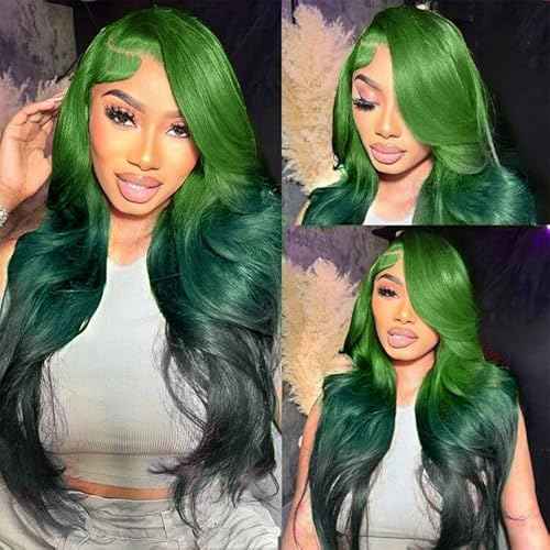 Green Ombre Lace Front Wig Human Hair Body Wave 13x4 HD Glueless Lace Front Wigs 3 Tone Light Green to Dark Green Colored for Fashion Women 180% Density 24 Inch