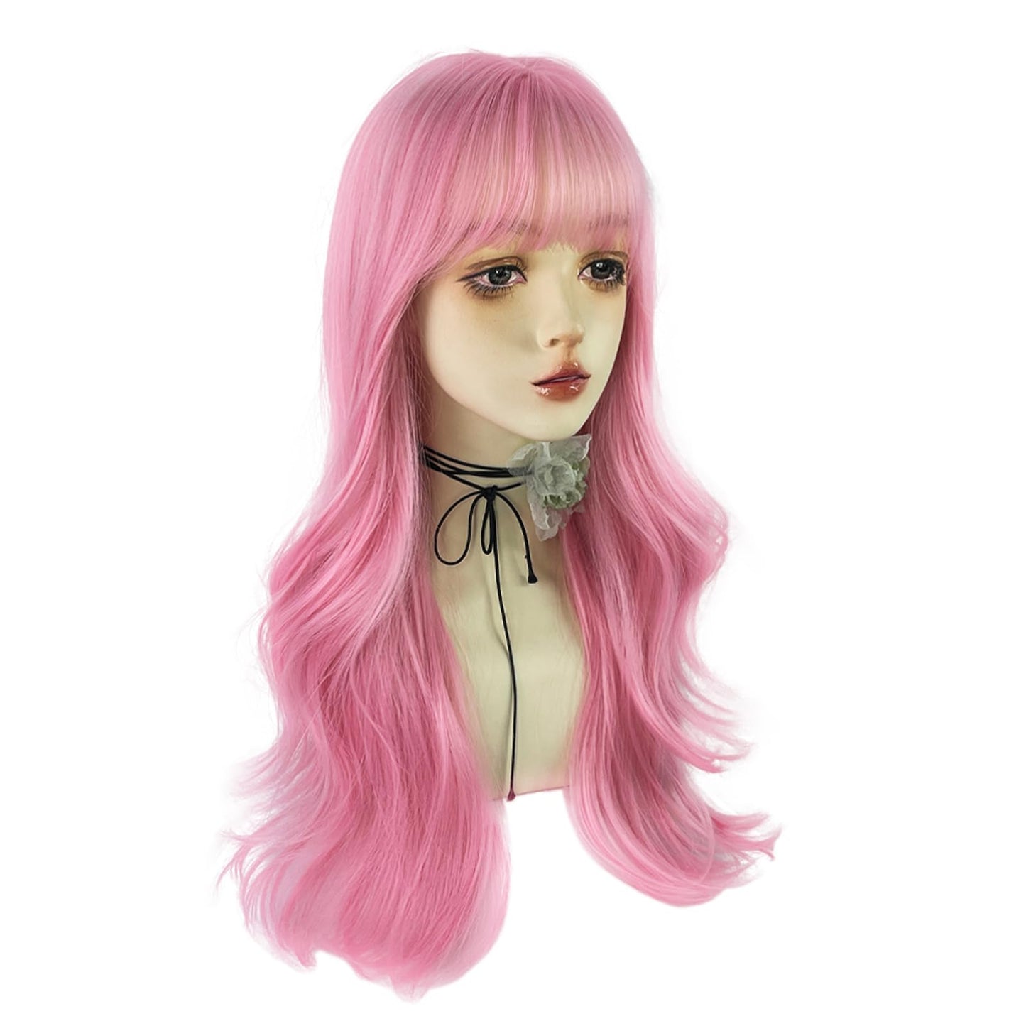 WKLOUYHE Pink Long Wavy Wigs with Bangs for Women Loose Wavy Wig Curly Wavy Synthetic Cosplay Wig for Girl Colorful Costume Wigs