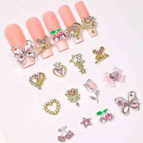 60 Pcs Nail Charms Y2k Alloy Nail Art Charms 3D Gold Heart Star Bow with Rhinestones Pink Cherry Tulips Nail Gems Shiny Jewelry Nail Decorations Accessories Supplies 3