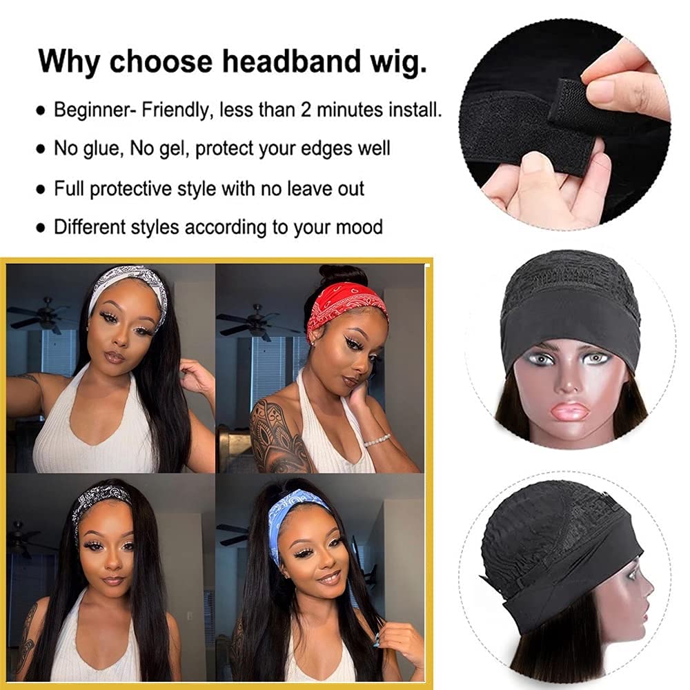 Angels Beauty Straight Headband Wig for Women Black 22 Inch Long Straight Headband Wig Premium Synthetic Headband Wig Natural Glueless None Lace Front Wigs with Headbands & Wig Caps(Black)