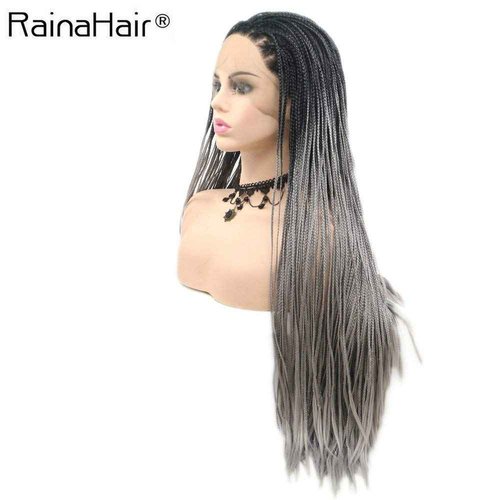 RainaHair 26inch Afro American Women Box Braided Wigs Dark Rooted Grey Lace Front Wigs for Women Heat Resistant Synthetic Hair Handmade Braids Wigs Drag Queen Halloween Cosplay Daily Wear