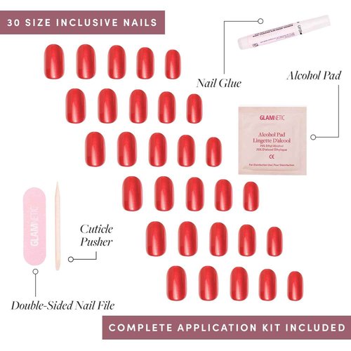 Glamnetic Press On Nails & Toenails - Cherry Glaze | Short Round Bright Cherry Red Nails with a Glaze Finish | 15 Sizes - 30 Nail Kit with Glue & 16 Sizes - 32 Toe Nail Kit with Glue