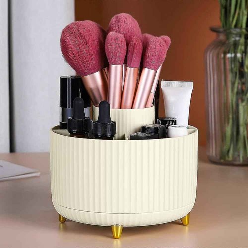 PILOMA Makeup Brush Holder Organizer – 360° Rotating Makeup Brush Organizer - 5 Large Compartment Cosmetic Organizer -Eyeliner, Nail Polish, Art Supply, Bathroom Vanity Desktop Organizer (Cream)
