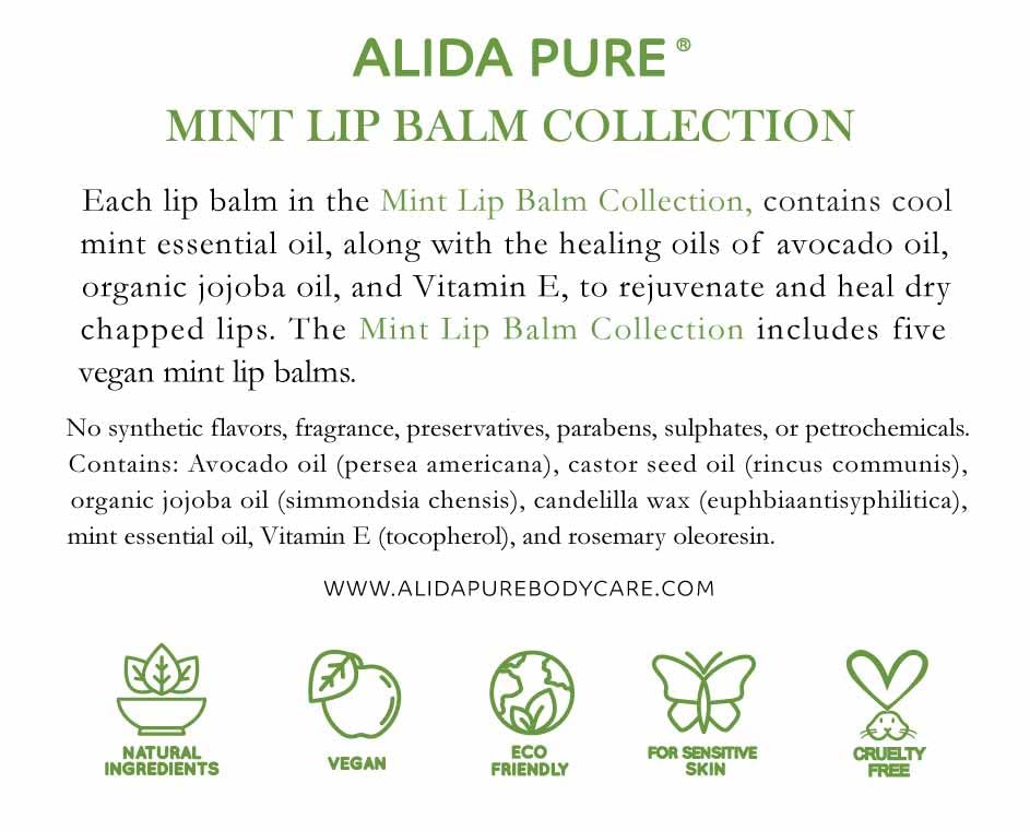 ALIDA PURE Mint Lip Balm Collection, Vegan Lip Balm Set, Beeswax Free, with Avocado Oil, Organic Jojoba Oil, and Vitamin E, Natural Moisturizer for Dry, Chapped Lips, 5 Tube Set