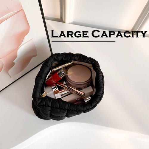 HFLZBRO Puffy Quilted Makeup Bag for Women, Cosmetic Bag, Travel Toiletry Organizer Pouch Clutch (black)