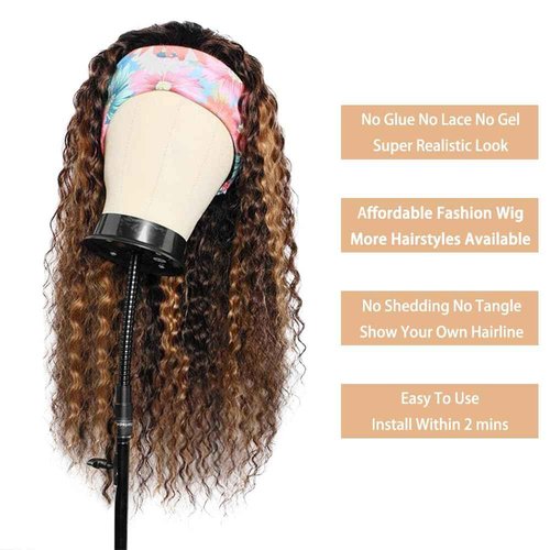 YiweYowe 24 Inch P1B27 Highlight Headband Wig Human Hair 150% Density Grade 8A Unprocessed Brazilian Virgin Hairs Machine Made Blonde Deep Wave Headband Wig Human Hair For Woman