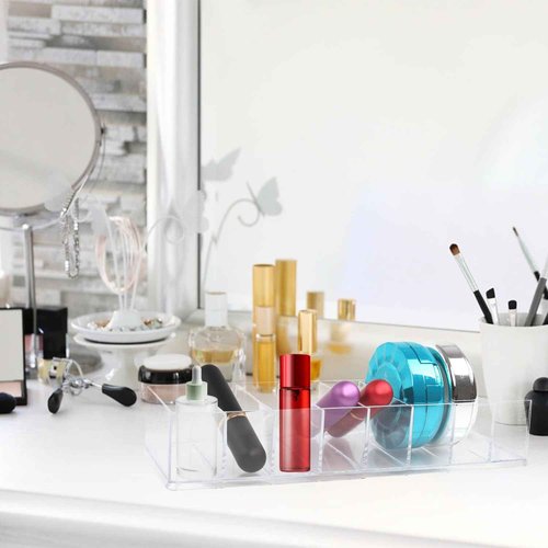 Acrylic Makeup Organizer,4 Pack Makeup Compact Organizer Detachable Makeup Organizer Clear Vanity Drawer Organizer, 8 Spaces Clear Cosmetic Display Case for Bathroom, 10x3.3x1.7 Inches