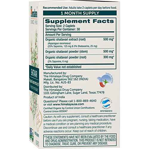Himalaya Organic Shatavari for PMS, Menstrual Cramp Relief, Menopause Support, and Women's Health, 1,300 mg, 60 Caplets, 2 Month Supply, 2 Pack