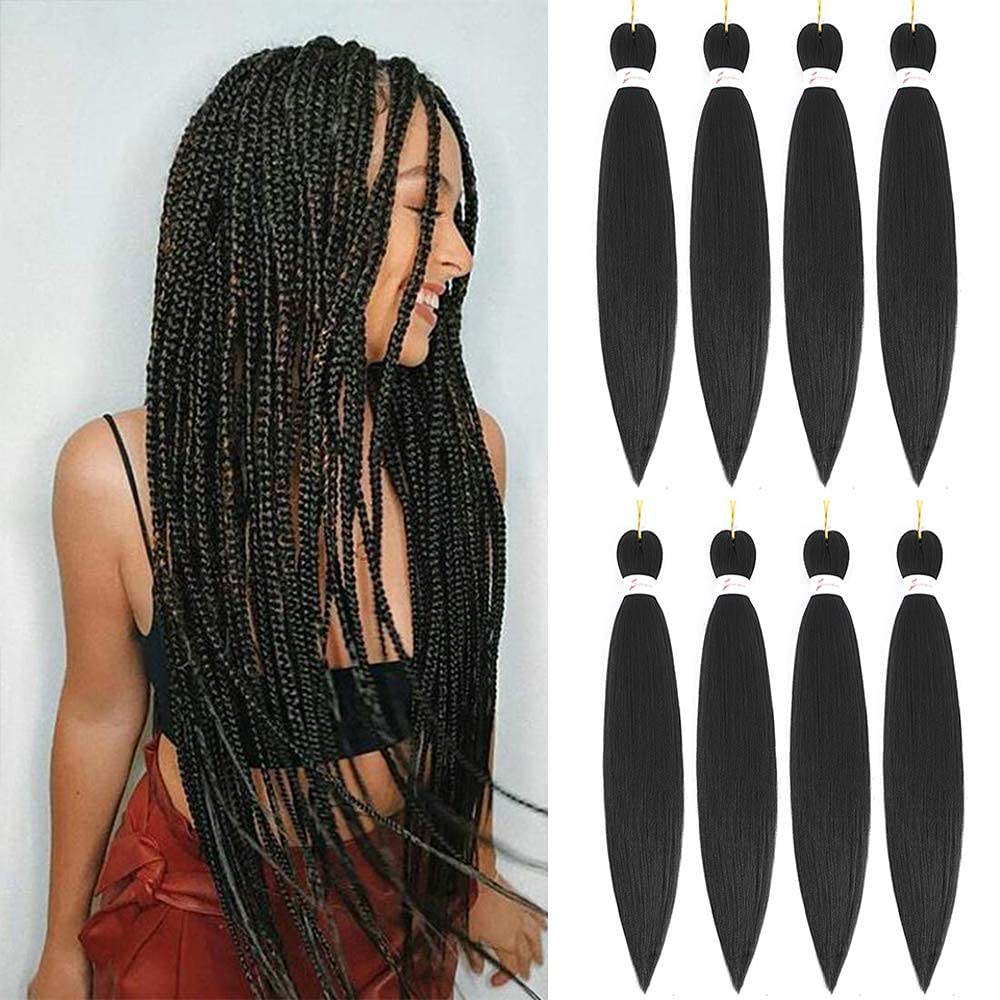 Pre Stretched Braiding Hair 20Inch Black Braiding Hair 8 Packs Easy Braids Hair Yaki Straight Hot Water Setting Synthetic Braiding Hair Extensions for Women