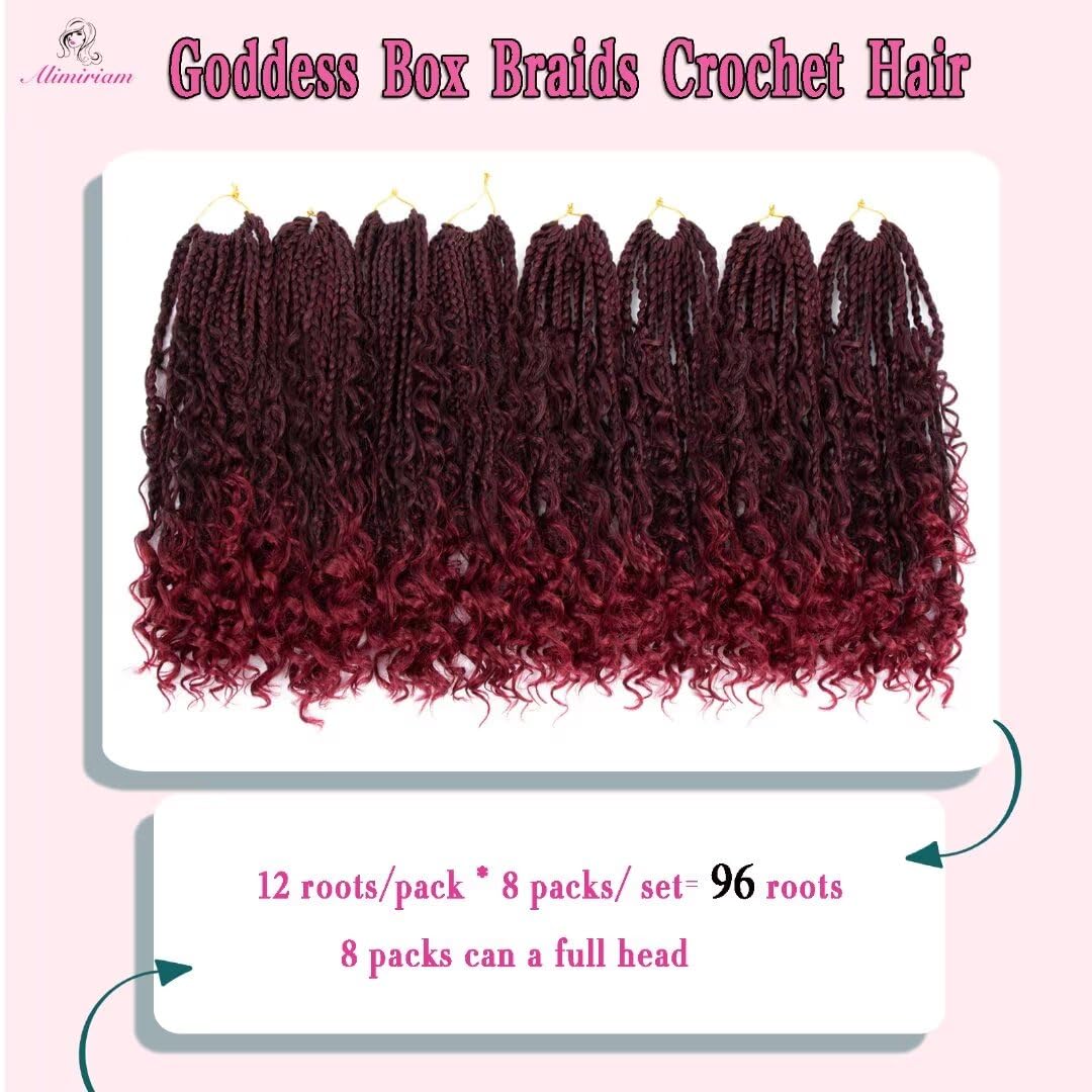 8 Packs Bohomian Box Braids Crochet Hair with Curly Ends 12 inch Burgundy Boho Bohomian Box Braid Hair Pre-looped Synthetic Braiding Hair Goddess Box Braids Crochet Hair for Black Women(12",T1B/BUG#)