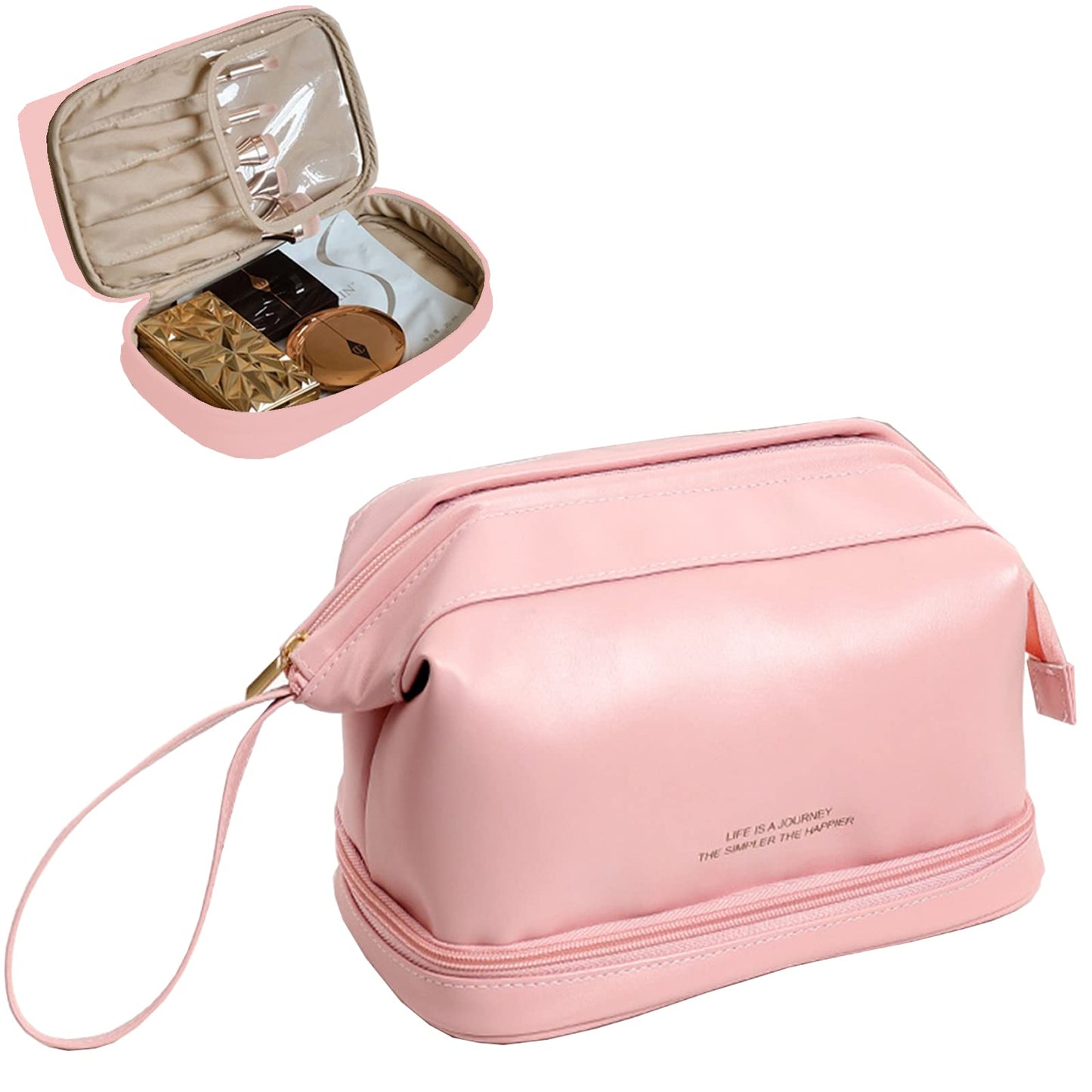 AUSEKALY Makeup Bag Travel Cosmetic Bag Double Layer Leather Toiletry Bag With Brush Bag For Women Girl High Capacity Make Up Bag Portable Waterproof Makeup Pouch Pink