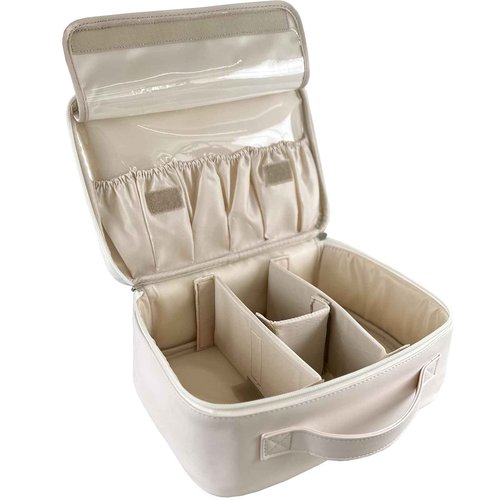 MKPCW Multifunctional Travel Makeup Bag Cosmetic Organizer with Removable Dividers, Brush Holder & Luggage Strap – Waterproof Large Capacity Toiletry Pouch for Women, Gym, Daily Use (White)