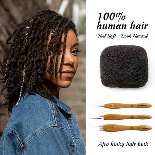 Tight Afro Kinky Bulk 100 £¥ Human Hair for Draedlock Extensions, Repair Locs, Twists and Braids (14 Inch, Natural Black, 5 Bundles with Crochet Needle Set and Rat Tail Comb)