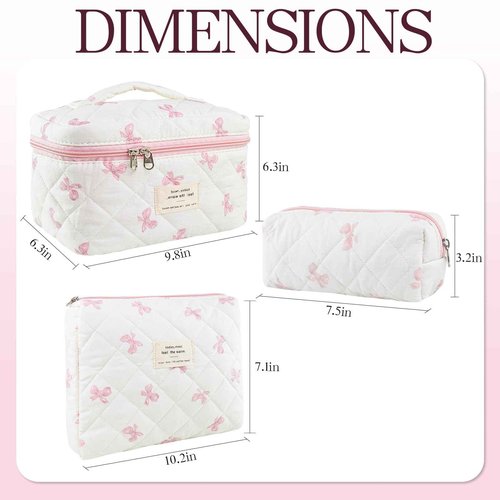 AMZMA Makeup Bag, 3 PCS Quilted Makeup Bag, Cute Floral Cotton Cosmetic Bag set, Coquette Makeup Pouch Large Travel Toiletry Bag