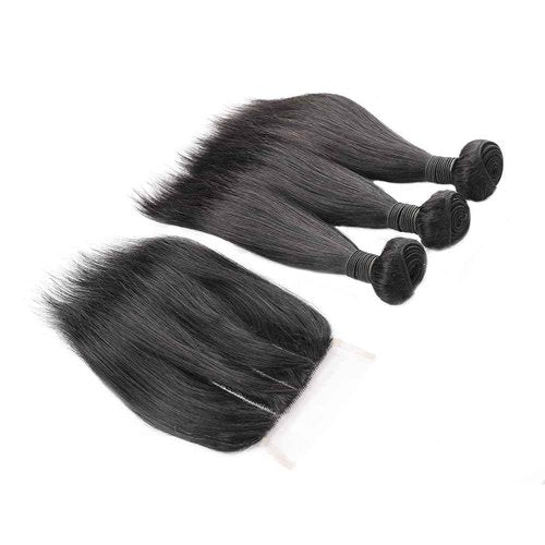 SINGLE BEST Brazilian Human Hair Bundles with Closure 10A Straight Bundles with Lace Closure 3 Bundles Human Hair with Lace Closure Free Part Natural Color (Straight, 8 8 8+8inch)