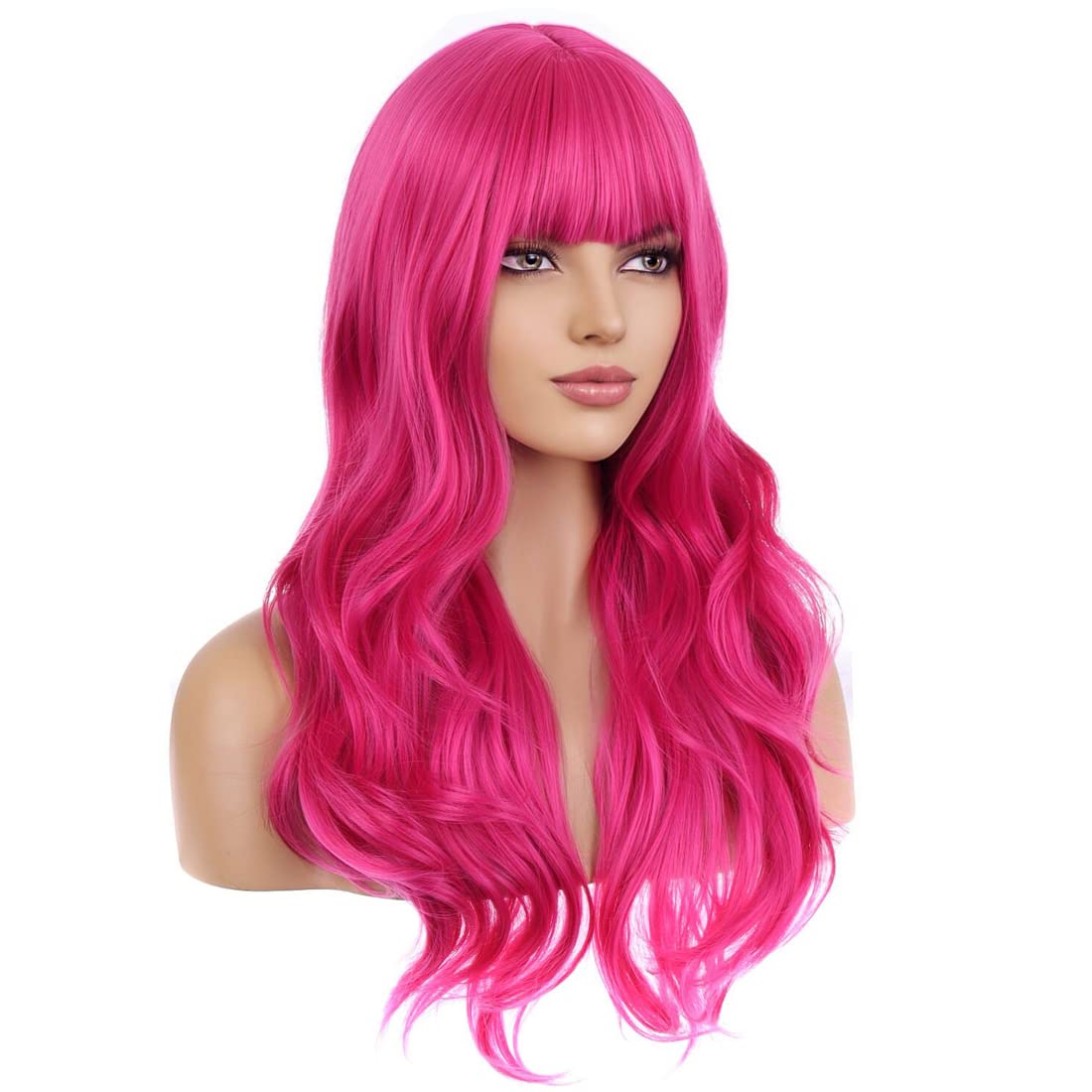 BERON 26 Inches Hot Pink Wig Long Wavy Wig with Bangs Synthetic Wig Long Wig Rose Red Wigs for Daily Party with Wig Cap