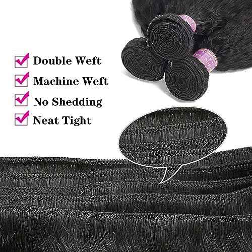 Kinky Straight Human Hair Bundles With 4x4 Lace Closure Free Part 16 16 16+14 Inch Natural Black 100% Unprocessed Brazilian Virgin Yaki Straight Hair Extensions (16 16 16+14Closure)