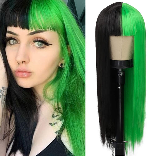 Kaneles Half Black Half Green Wig Long Straight Hair with Bangs Cosplay Natural Wig for Women Cosplay Party Use