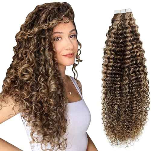 Easyouth 22 Inch Curly Tape in Hair Extensions Real Human Hair Tape in Extensions Black Human Hair Natural Tapes on Human Hair Extension 20Pcs 50g