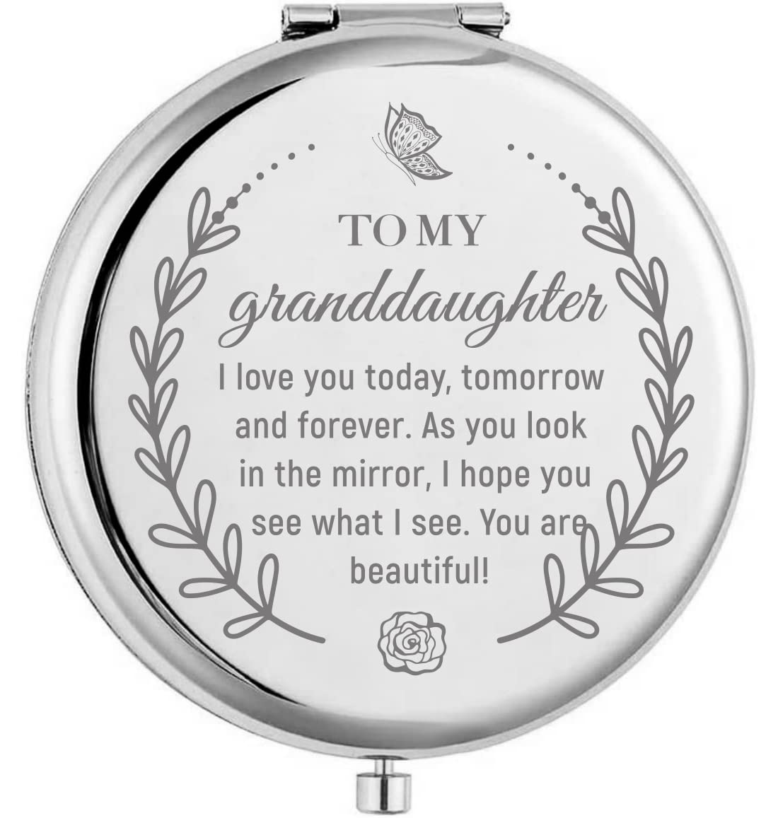 Kukeyiee to My Granddaughter Travel Makeup Mirror, Sliver Engraved Travel Pocket Cosmetic Compact Makeup Mirror Gifts for Granddaughter Birthday Graduation Christmasfrom Grandpa Grandma…