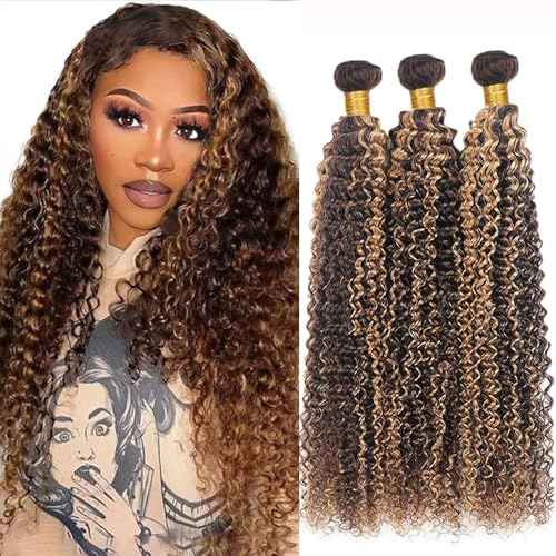 Brown Human Hair Bundles P427 Highlight Honey Blonde Curly Wave 3 Bundles Human Hair 30 32 34 Inch Double Weft Grade 12A Unprocessed Virgin Remy Hair 2 Tone #4 Mixed With Color 27 50g Per Bundle