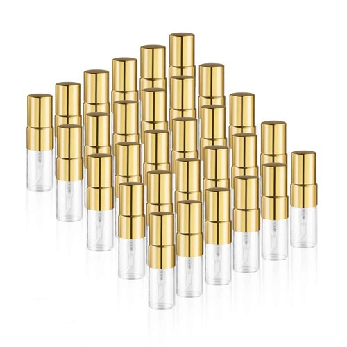 BOSMIOW 30Pcs 2ml Empty Clear Glass Mist Spray Bottle with Golden Aluminized Nozzle,Refillable Mini Perfume Atomizer,Travel Sample Liquid Bottle,Makeup Container for Perfume,Air Fresheners,