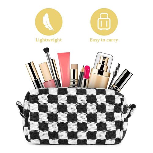 Aucuu 2 Pcs Checkered Makeup Bags, Portable Travel Toiletry Bag with Zipper, Makeup Bag Storage Cosmetic Bag for Women (Black&Light Brown)