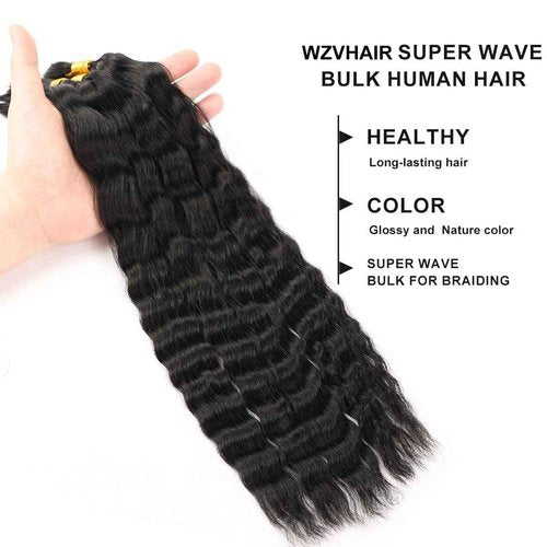 WZVHAIR Super Wave Bulk Human Hair For Braiding No Weft 100g (1Pack-4PCS) Wet and Wavy Human Braiding Hair 100% Virgin Human Hair Super French Human Bulk Hair For Boho Braids (Super Bulk 16 Inch)
