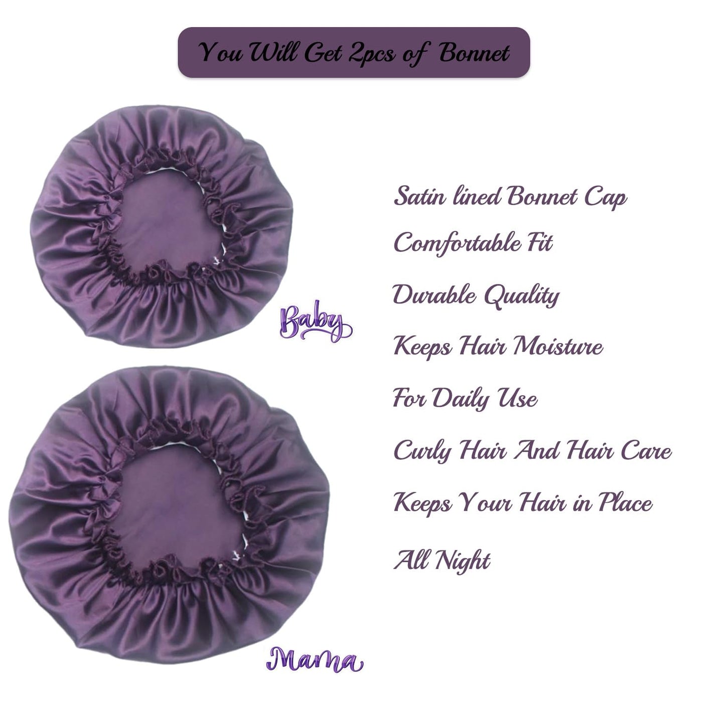 Sweet Easy set of 2 parent-baby Satin Silky Hair Bonnetsurban hair care hats with elastic band for natural hair（eggplant)