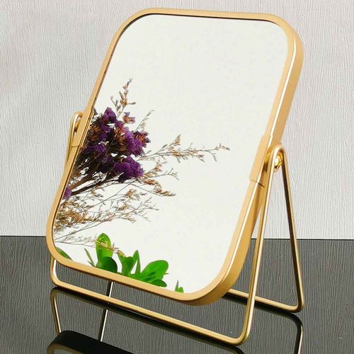 schonee 2-Sided Golden Tabletop Makeup Mirror, Double Sided 2X Magnification Vanity Mirror, 360°Rotation Dressing Table Mirror (Gold - Rectangle)