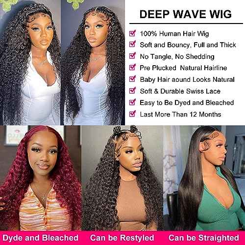 Deep Wave Lace Front Wigs Human Hair Pre Plucked 180% Density 13x4 HD Transparent Deep Curly Lace Frontal Wigs Human Hair Glueless Wigs Human Hair Lace Front Wigs with Baby Hair Natural Color 22 Inch