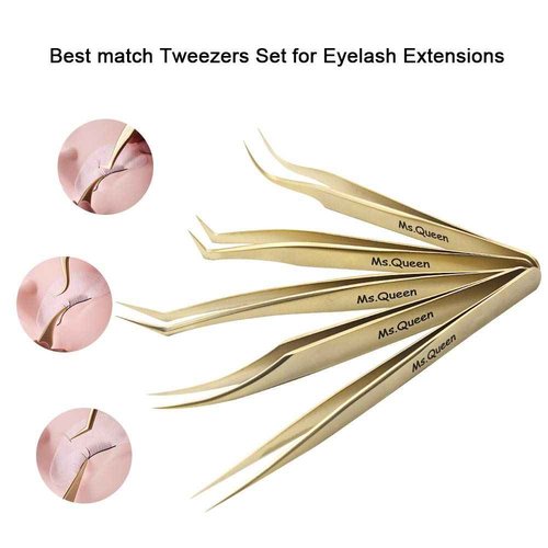 Ms.Queen Eyelash Extension Tweezers-Precision Tweezers for 2D-6D Volume&Individual False Lashes Extensions-Golden-5pcs Tweezers Set