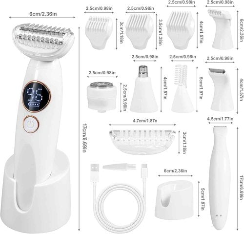 Bikini Trimmer for Women, Electric Razors for Silk Skin 5-in-1, IPX7 Waterproof, USB Rechargeable, Electric Razors for Women for Face, Eyebrows, Body, Bikini Zone with Charging Station