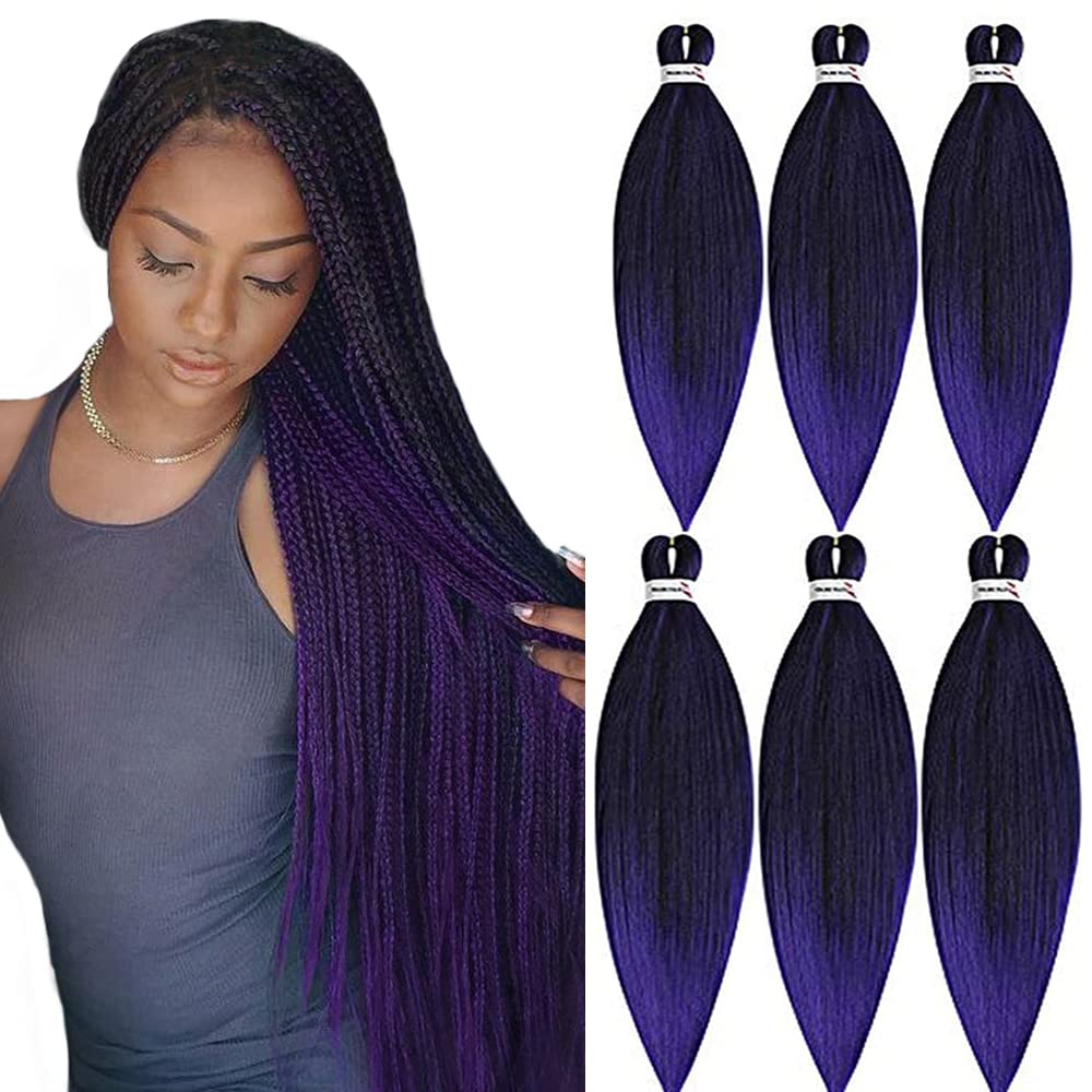 MSBELLE 26inch Pre Stretched Braiding Hair 6 Packs/lot Prestretched Braiding Hair Extensions 100g/Pack Pre Streteched Ombre Hot Water Setting Braids Hair Black to Purple(26inch Black to Purple)