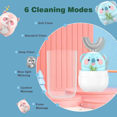 Geacker Kids Electric Toothbrush, U Shaped Toothbrush Kids Sonic Automatic Brush with 5 Brush Heads 6 Cleaning Modes IPX7 Waterproof Rechargeable Smart Timer for Children(Ages 2-7, Koala Cyan)