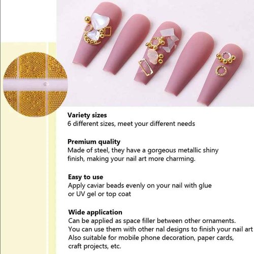 0.8mm Gold Nail Charms Caviar Beads for Nails 6 Sizes Mini Small Stainless Steel Beads Nails Art Decorations Gun Grey DIY Tool Nail Studs Accessories Gold Charms for Nails (Light Gold)