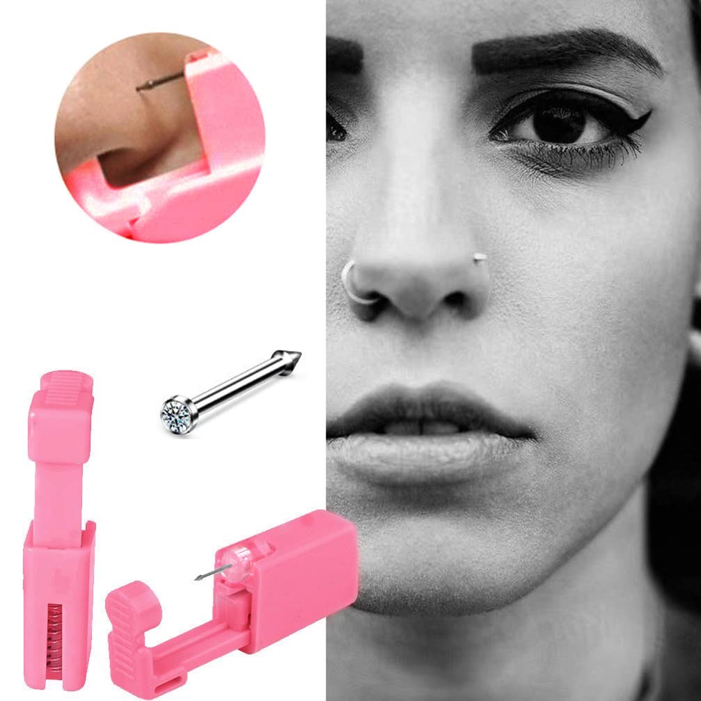 Pink Self Nose Piercing Kit,316L Stainless Steel 20G Silver White Nasal Nail,Disposable Safety Self Ear Piercing Kit,Nose Stud Piercing Kit Tool with Nose Rings Hoop PS201 (1 Set)