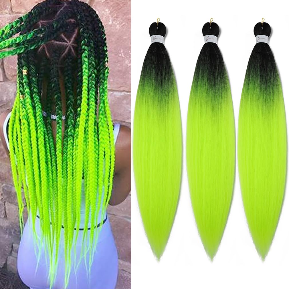 Pre Stretched Braiding Hair Extensions 30 Inch 3 Packs Crochet Twist Braids Hair High Temperature Synthetic Fiber Braid Hair Hot Water Setting（30",Black-Yellow Green）